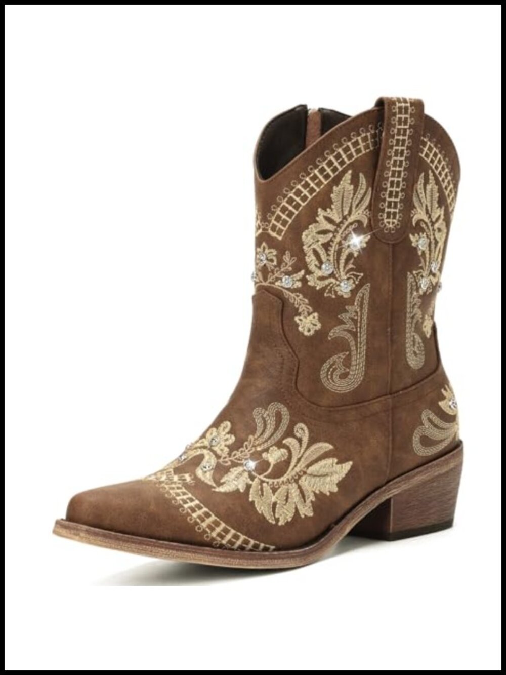 Western Embroidered Cowgirl Ankle Booties Pointed Toe Chunky Heel Zip